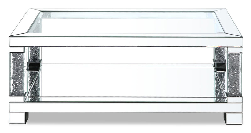 Table à café somptueuse Berni de 47,2 po avec dessus en miroir et en verre et tablette - métal argenté avec pattes à apparence de diamant