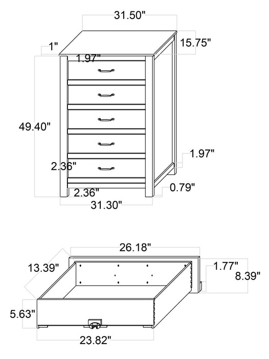 Commode verticale Zoey de 31,5 po (L) x 50,7 po (H) à 5 tiroirs pour la chambre à coucher - deux teintes, blanc et brun