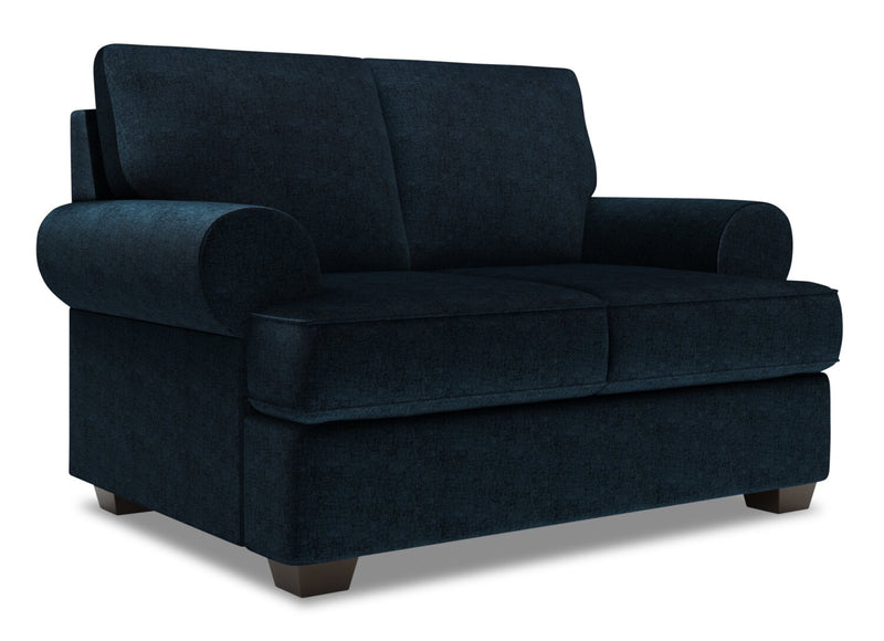 Causeuse personnalisable Roll de Sofa Lab de 64 po fabriquée au Canada en tissu d’apparence lin avec accoudoirs enroulés - bleu Luxury Indigo