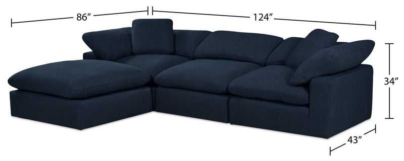 Sofa sectionnel modulaire Eclipse 4 pièces en tissu d’apparence lin avec pouf et coussins réversibles en duvet et plumes - bleu marine