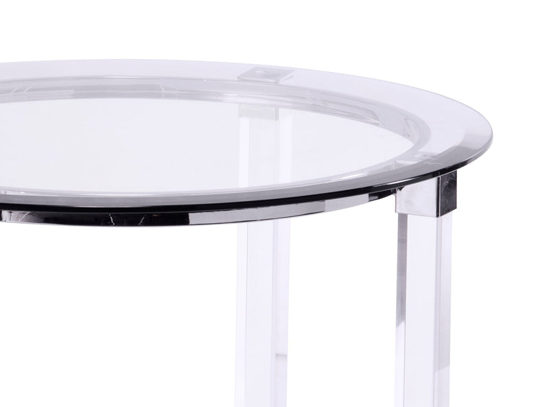Table de bout ronde somptueuse Enzo de 24 po avec tablette - dessus en verre avec base en métal et en acrylique