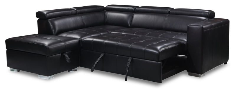 Sofa-lit sectionnel de gauche Drake 3 pièces en tissu d’apparence cuir avec pouf de rangement - noir