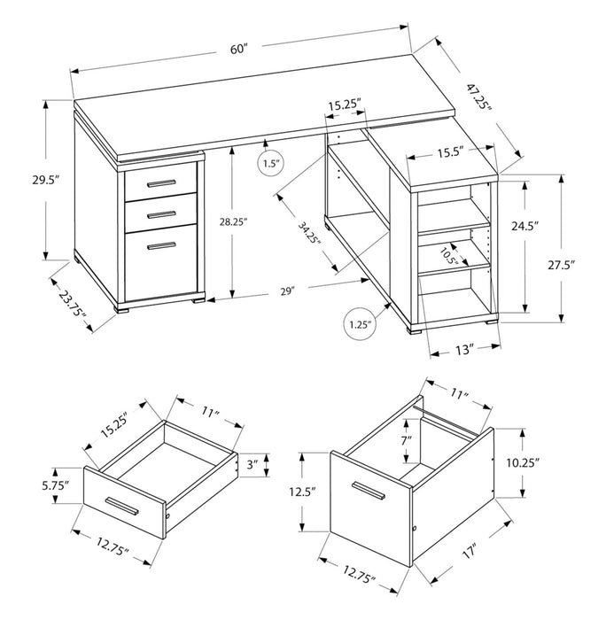 Bureau en coin en forme de L Rickey de 60 po à 3 tiroirs et tablettes - blanc