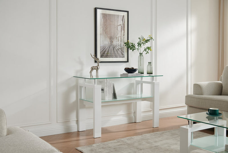 Table de salon moderne Harvy de 50 po avec dessus en verre et tablette - blanche 