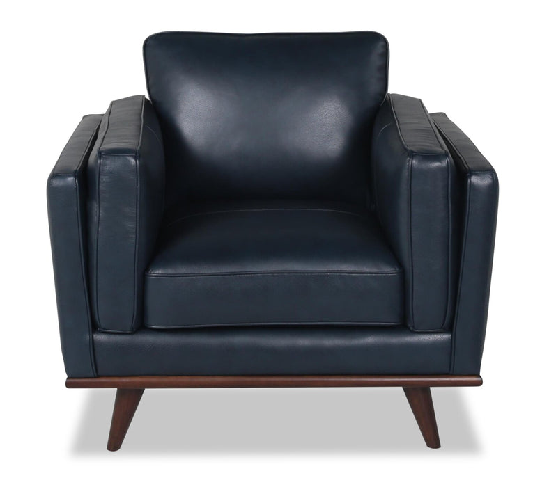 Fauteuil Vivia de 40 po en cuir véritable avec coussin de siège amovible et base en bois - bleu marine