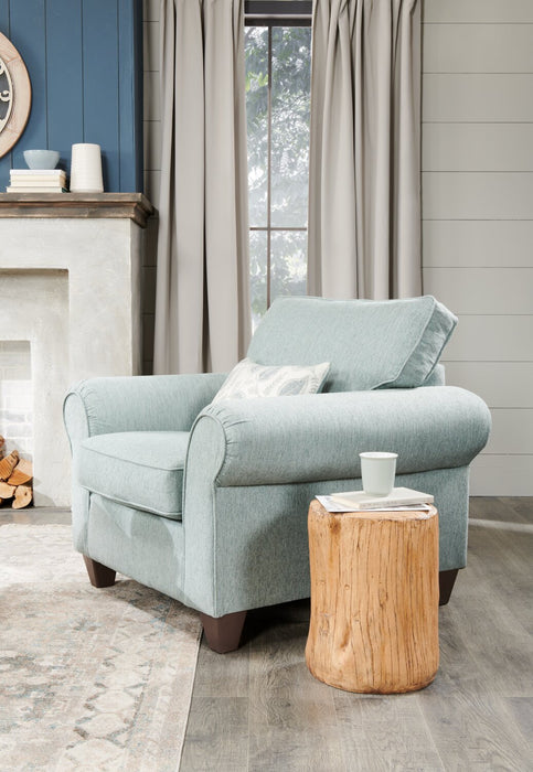 Fauteuil Scarlett de 41,5 po fabriqué au Canada en tissu de chenille avec accoudoirs enroulés et coussin décoratif - bleu marine