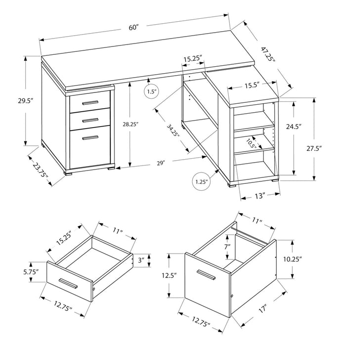 Bureau en coin en forme de L Rickey de 60 po à 3 tiroirs et tablettes - espresso
