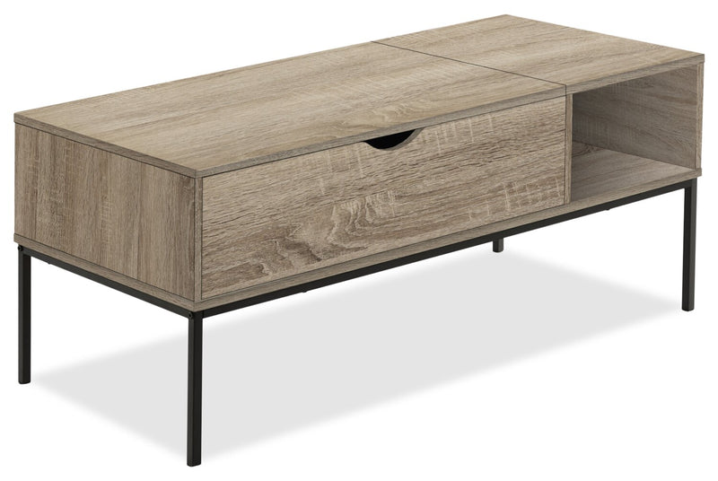 Table à café moderne Bence de 42 po avec dessus relevable et rangement - taupe avec pattes en métal noir