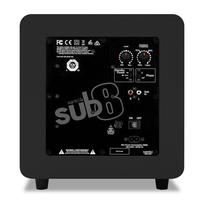 Caisson d’extrêmes graves amplifié et étanche Kanto SUB8 de 300 W de 8 po - noir