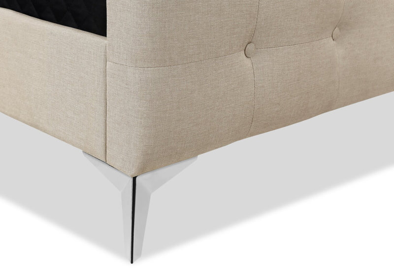 Lit rembourré Zara en tissu d’apparence lin beige avec capitonnage à boutons - format grand lit