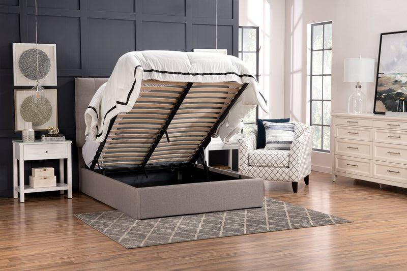 Lit plateforme rembourré Jace en tissu taupe capitonné avec rangement - format lit double