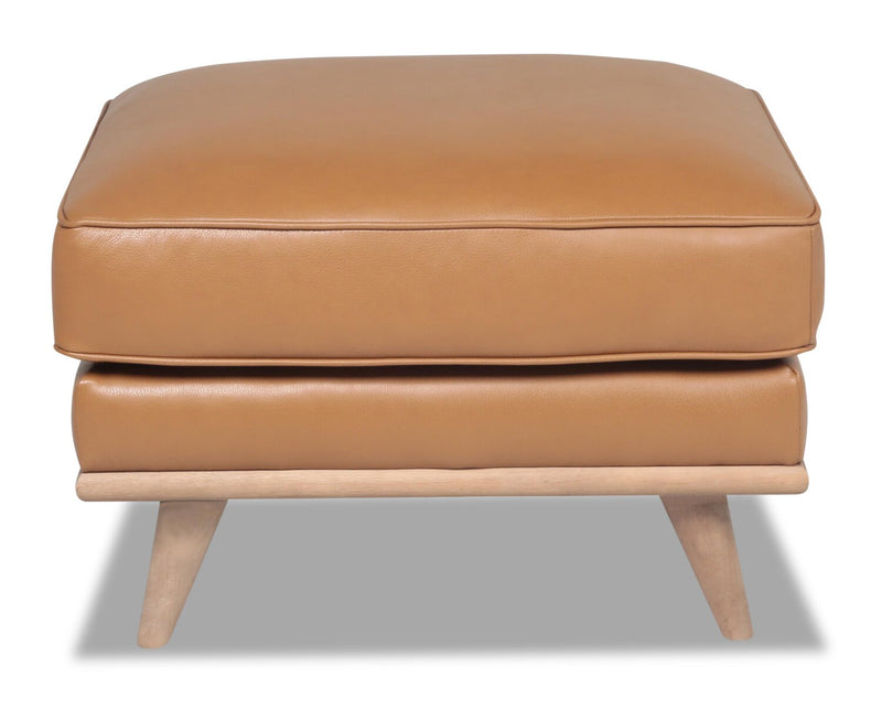 Pouf Vivia de 28 po en cuir véritable avec base en bois - brun caramel 