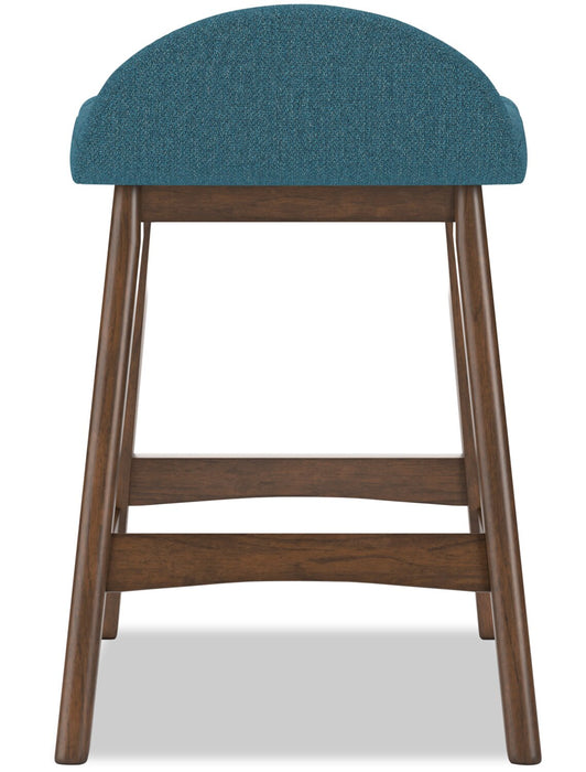 Tabouret Jovi de hauteur comptoir en tissu d’apparence lin et en bois - bleu