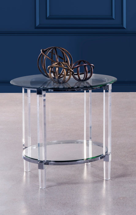 Table de bout ronde somptueuse Enzo de 24 po avec tablette - dessus en verre avec base en métal et en acrylique