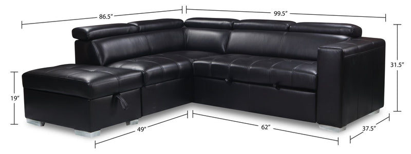 Sofa-lit sectionnel de gauche Drake 3 pièces en tissu d’apparence cuir avec pouf de rangement - noir