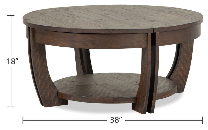 Table à café ronde traditionnelle Lyndale de 38 po avec dessus relevable, rangement et tablette - pin brun