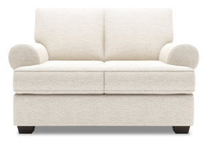 Causeuse personnalisable Roll de Sofa Lab de 64 po fabriquée au Canada en tissu d’apparence lin avec accoudoirs enroulés - beige Luxury Sand