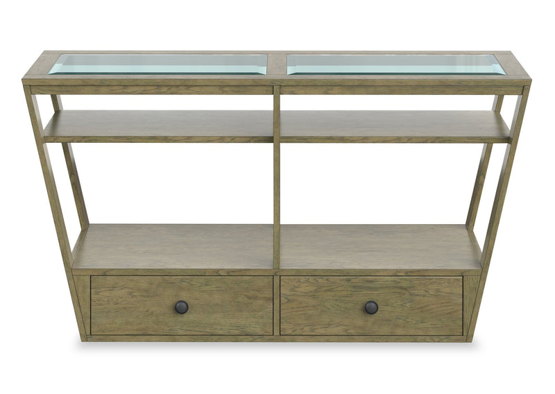 Table de salon traditionnelle Esme de 56 po avec dessus en verre, rangement et tablette - bois brun clair