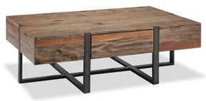 Table à café rustique Manchester de 54 po avec rangement - bois brun avec base en fer