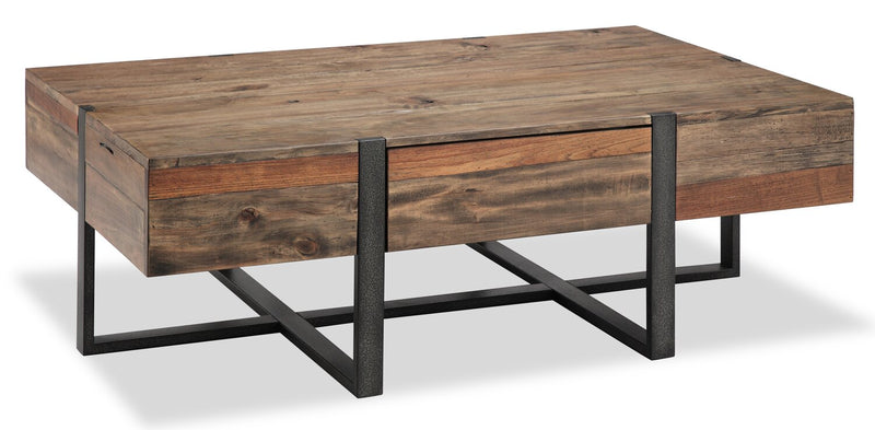 Table à café rustique Manchester de 54 po avec rangement - bois brun avec base en fer