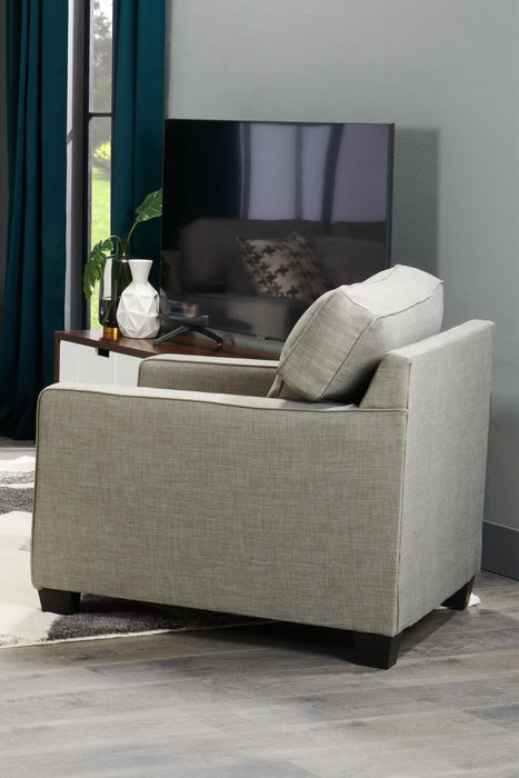 Fauteuil Sawyer de 35 po fabriqué au Canada en tissu d’apparence lin avec coussins réversibles et accoudoirs rectilignes - gris clair