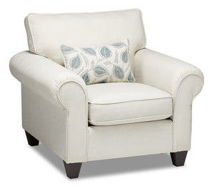 Fauteuil Scarlett de 41,5 po fabriqué au Canada en tissu de chenille avec accoudoirs enroulés et coussin décoratif - beige écru