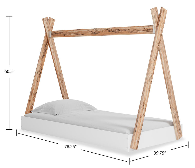 Lit plateforme Wolf en forme de tente pour enfants, deux teintes, blanc et naturel - format lit simple