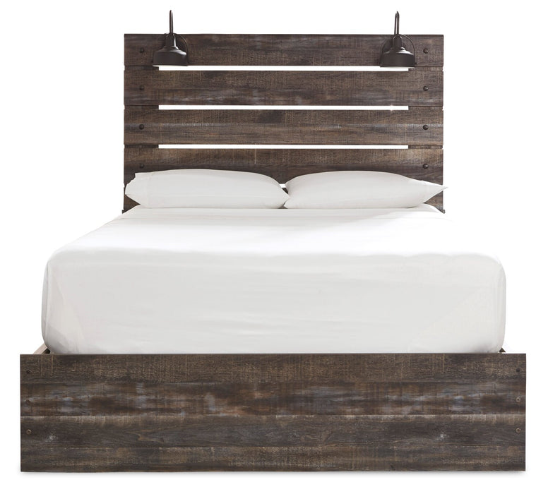 Lit plateforme de rangement latéral Abby avec éclairage à DEL et ports USB, brun - format grand lit