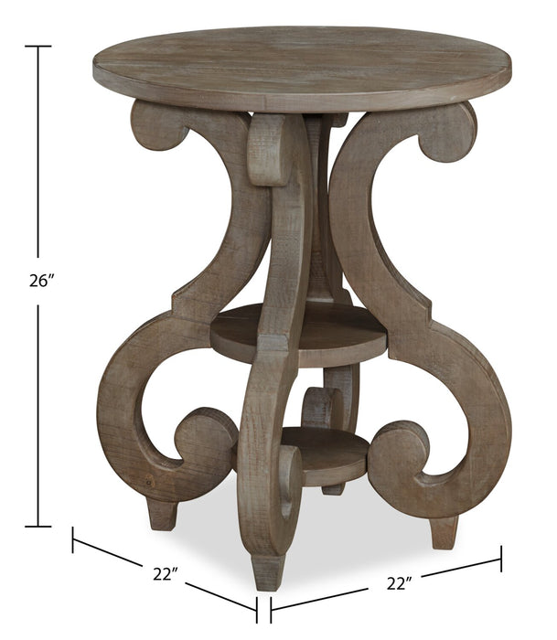 Table de bout ronde traditionnelle Tinley Park de 22 po avec tablette - pin gris-brun avec base à volutes