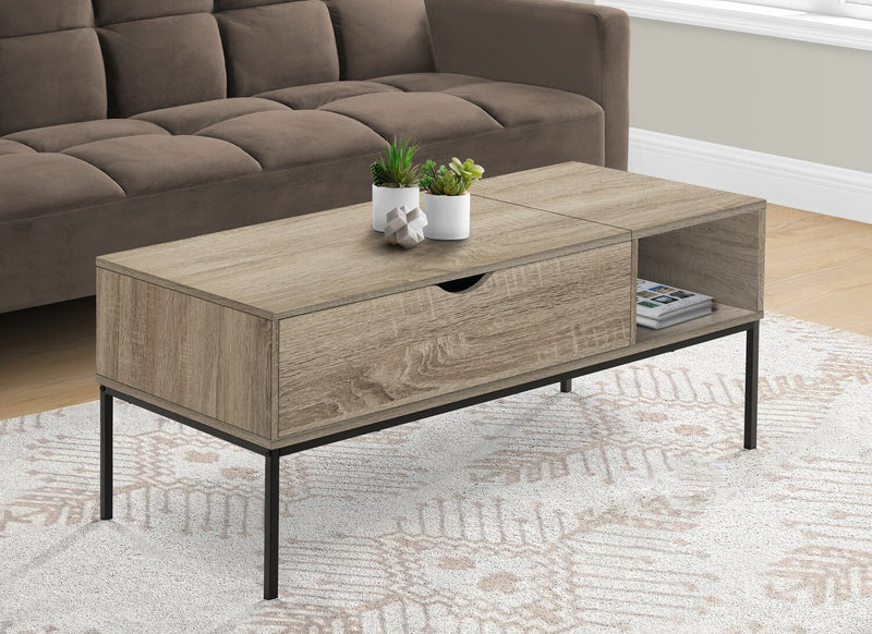 Table à café moderne Bence de 42 po avec dessus relevable et rangement - taupe avec pattes en métal noir