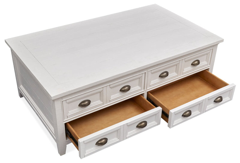 Table à café traditionnelle Heron Cove de 50 po avec dessus relevable, rangement et roulettes - pin blanc