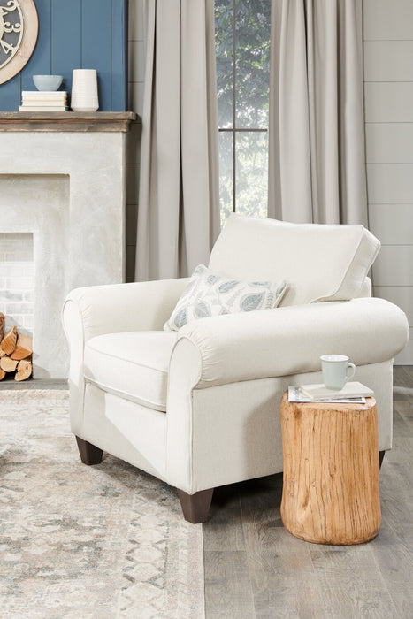 Fauteuil Scarlett de 41,5 po fabriqué au Canada en tissu de chenille avec accoudoirs enroulés et coussin décoratif - beige écru