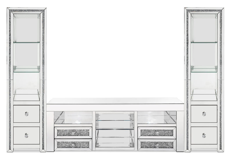 Meuble audio-vidéo somptueux Oakley 3 pièces de 98.5 po avec rangement et système de gestion des câbles pour téléviseurs jusqu’à 65 po - argenté