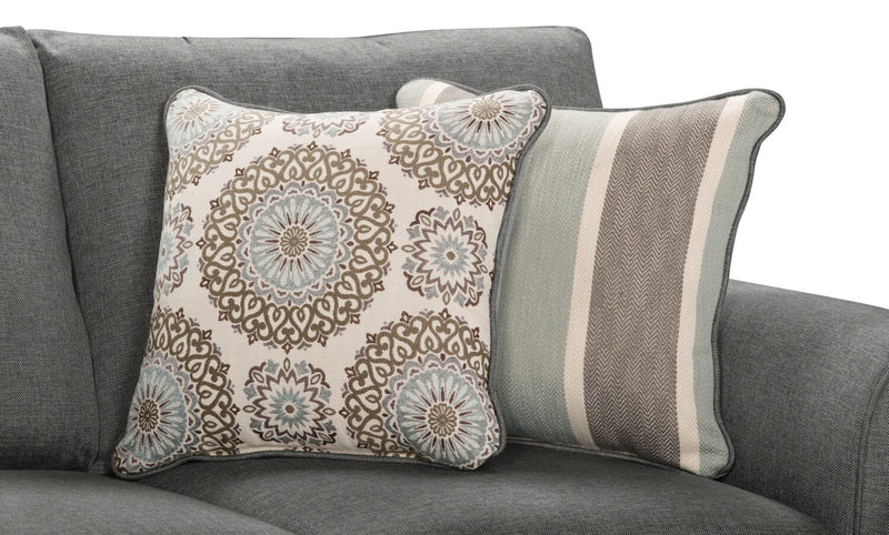 Sofa Tula de 88 po fabriqué au Canada en tissu avec accoudoirs enroulés et coussins décoratifs - gris acier