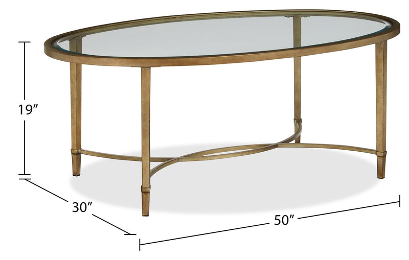 Table à café ovale traditionnelle Copia de 50 po avec dessus en verre - argentée et dorée avec base en métal