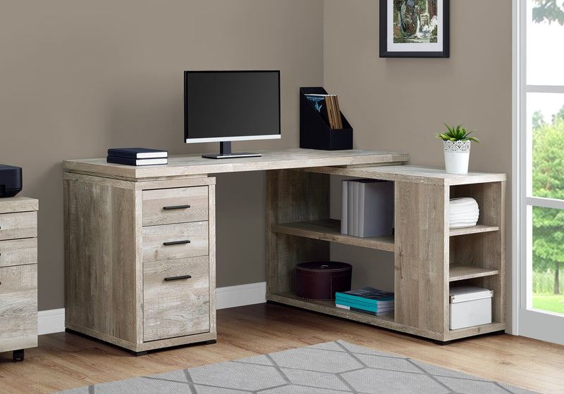 Bureau en coin en forme de L Rickey de 60 po à 3 tiroirs et tablettes - naturel