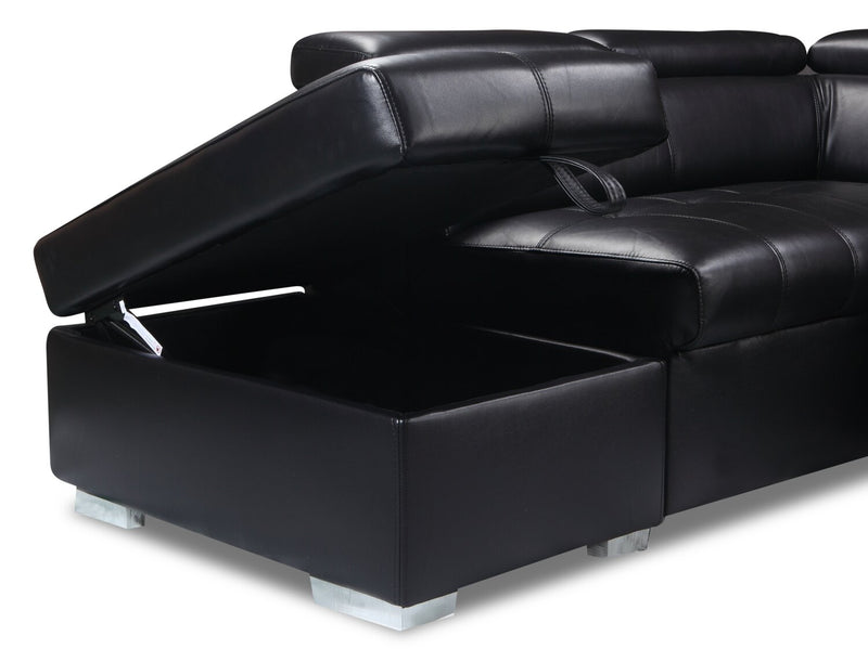 Sofa-lit sectionnel de gauche Drake 3 pièces en tissu d’apparence cuir avec pouf de rangement - noir