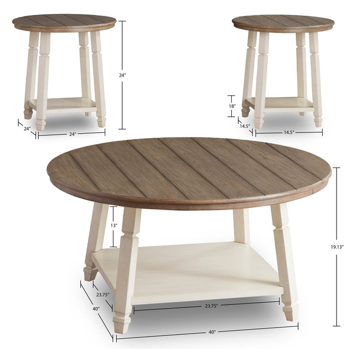 Ensemble 3 tables rondes rustiques Bolanbrook de 40 po (table à café et 2 tables de bout) avec tablette - bois deux teintes