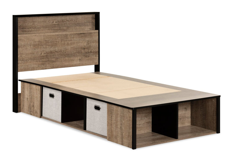 Ensemble lit plateforme et tête de lit à panneau Everley avec rangement et paniers intégrés, deux couleurs - format lit simple