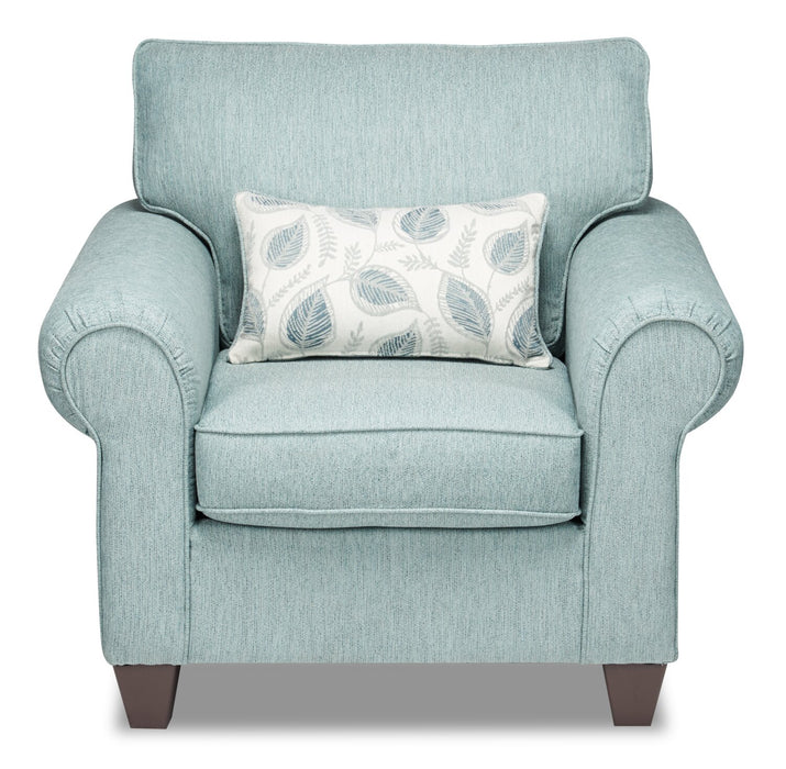 Fauteuil Scarlett de 41,5 po fabriqué au Canada en tissu de chenille avec accoudoirs enroulés et coussin décoratif - bleu marine