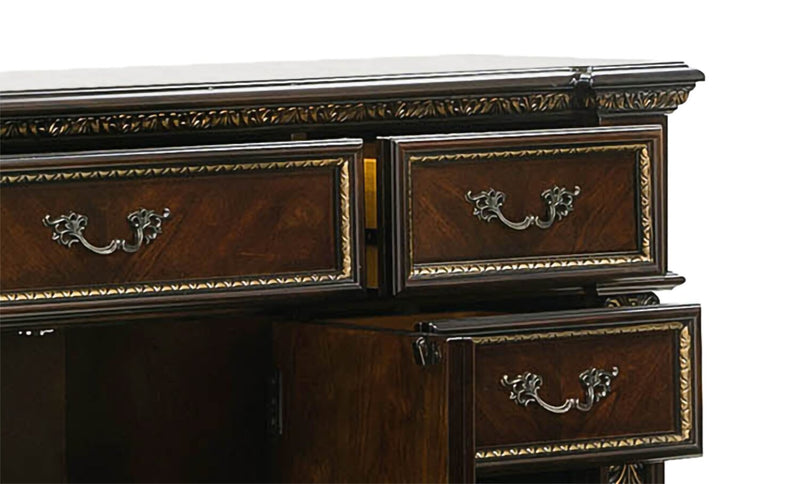 Ensemble de chambre à coucher Wynn 6 pièces avec lit, commode, miroir et table de nuit, brun cerisier - format très grand lit