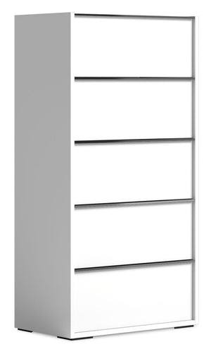 Commode verticale de chambre à coucher Raia à 5 tiroirs - fabriquée en Italie, 23 po (L) x 53,5 po (H), moderne - blanche