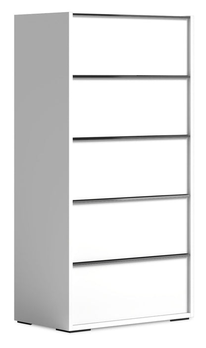 Commode verticale de chambre à coucher Raia à 5 tiroirs - fabriquée en Italie, 23 po (L) x 53,5 po (H), moderne - blanche