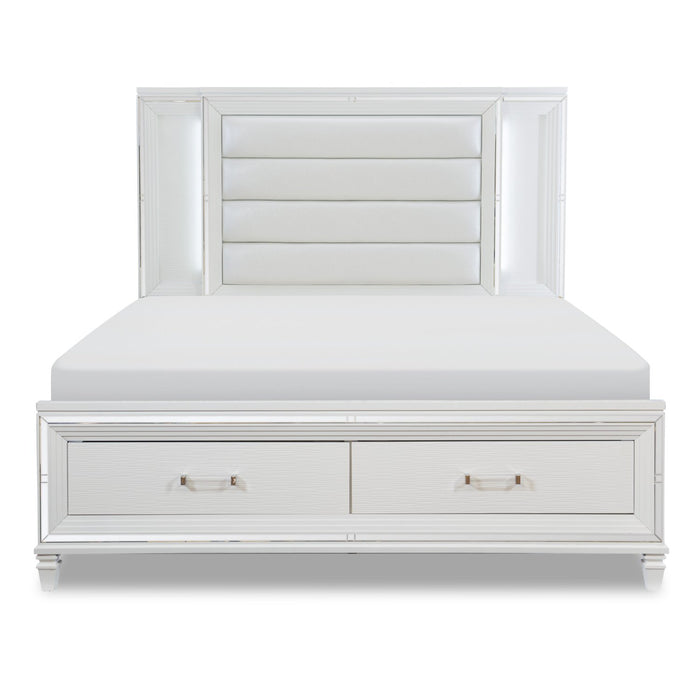 Lit plateforme de rangement Max somptueux en cuir végétalien avec tête de lit, cadre de lit et éclairage à DEL, blanc - format grand lit