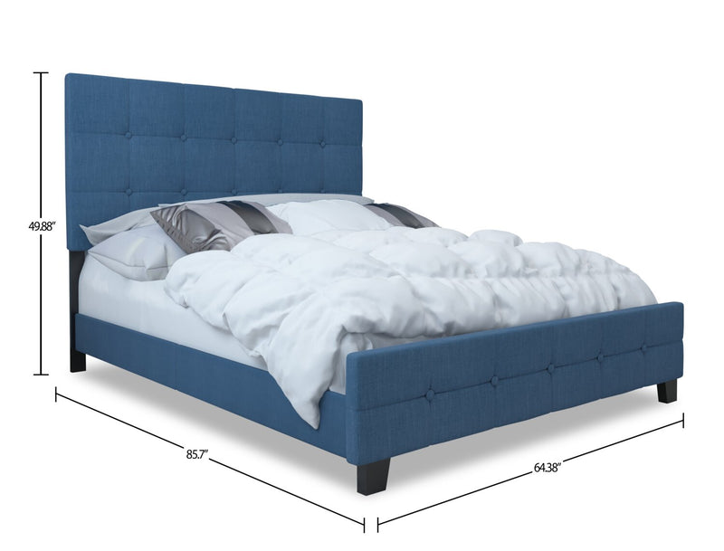 Lit rembourré Page en tissu d’apparence lin bleu avec capitonnage à boutons - format grand lit