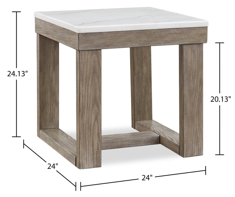 Table de bout moderne Corsa de 24 po - dessus en marbre avec base en bois gris-brun