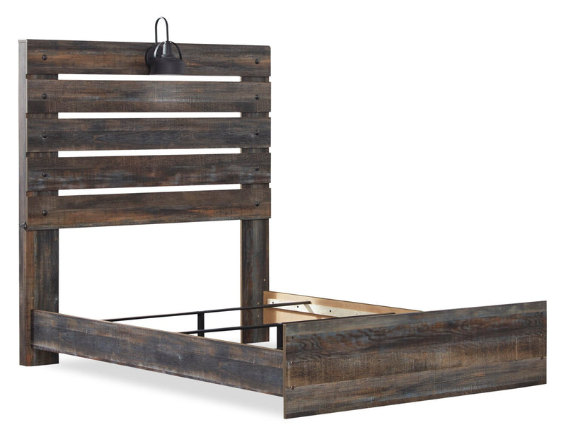 Lit à panneau Abby avec tête de lit, cadre, éclairage à DEL et port USB, brun - format lit double