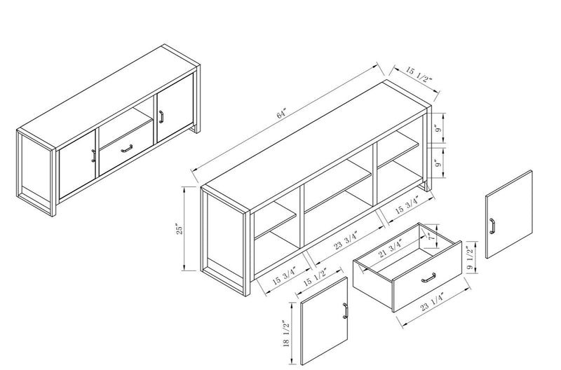 Meuble audio-vidéo moderne Alvin 3 pièces de 66 po avec rangement et système de gestion des câbles pour téléviseurs jusqu’à 70 po - noisette