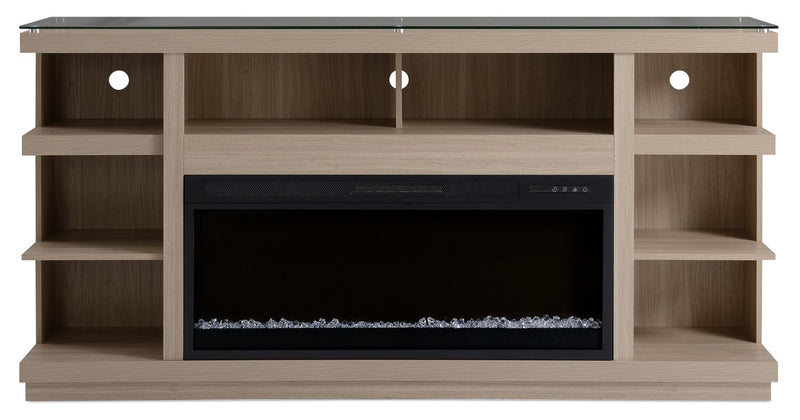 Meuble pour téléviseur moderne Axel de 74 po avec foyer électrique, rangement et système de gestion des câbles pour téléviseurs jusqu’à 85 po - taupe