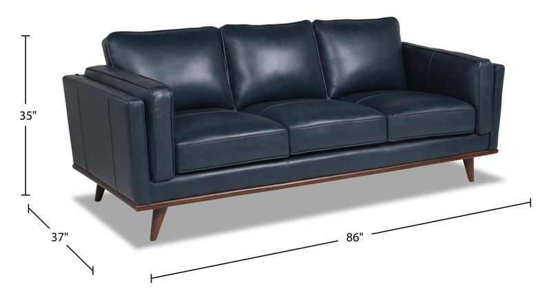 Sofa Vivia de 86 po en cuir véritable avec coussins de siège amovibles et pattes en bois - bleu marine